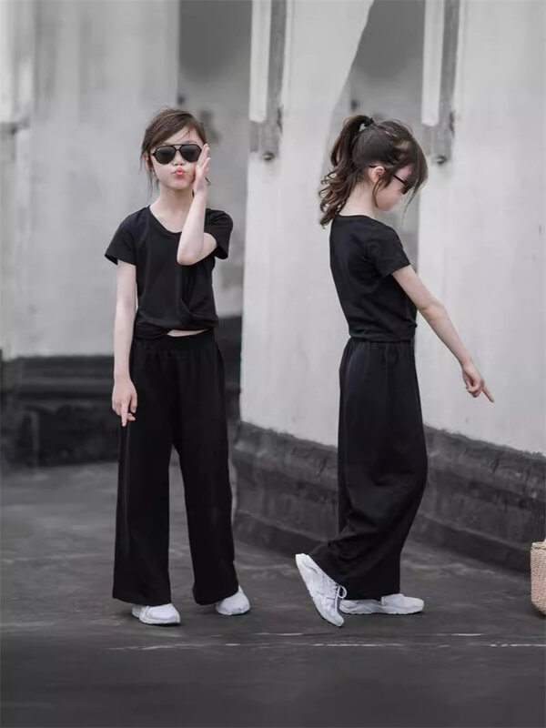 Summer Girls Sets Kids Solid Colour Fashion Suits Children Short Sleeves+Wide Leg Pants 2Pcs Outfits 2024 New Trends Clothes