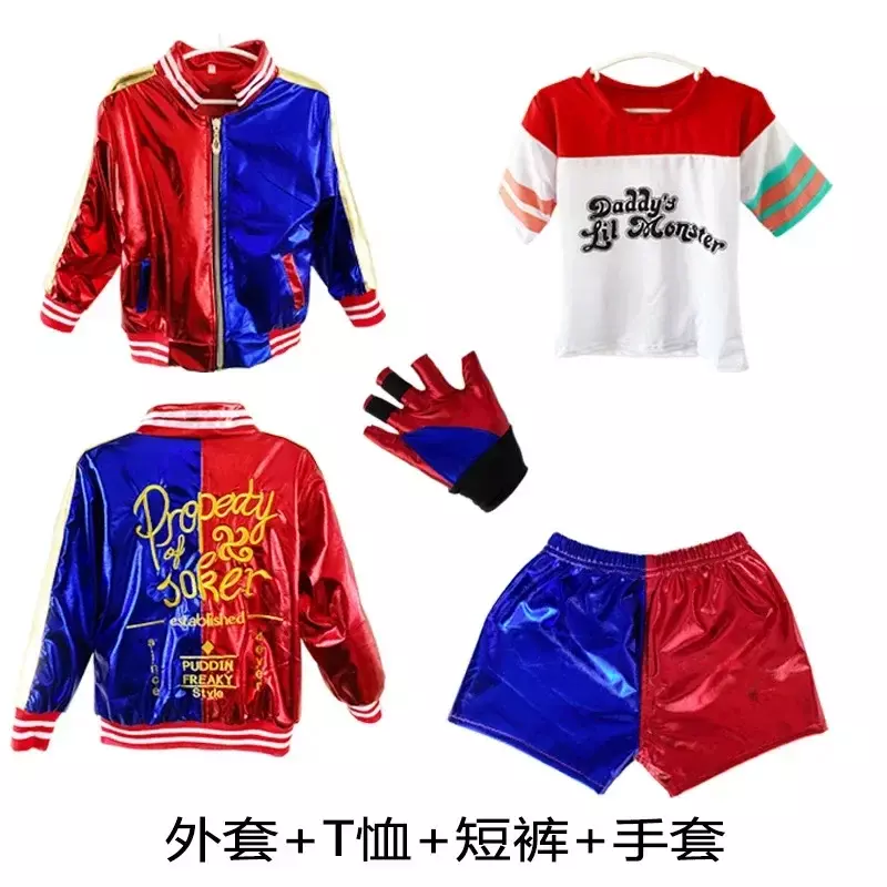 Children's Day Girls Suicide Cosplay Costumes Quinn Squad Harley Monster T Shirt Coat Jacket Baseball Bat Accessories Full Set