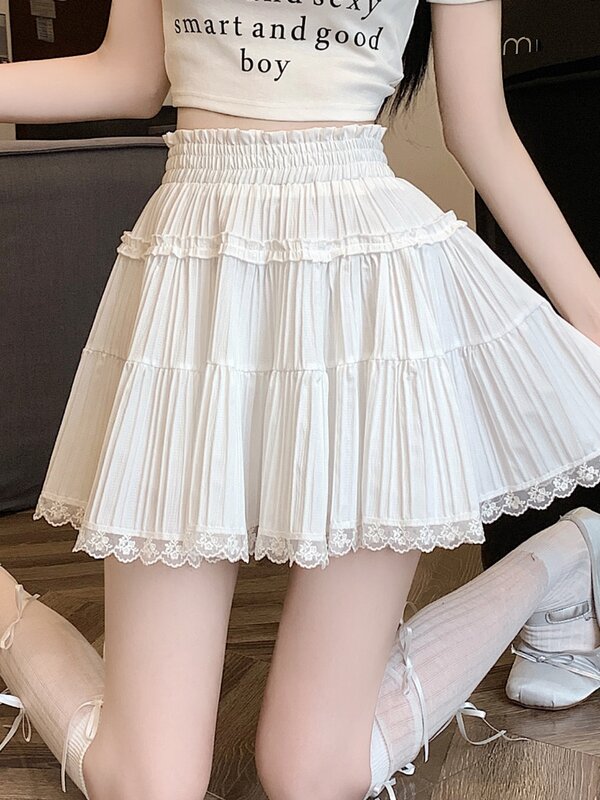Женская юбка, Белая Летняя Милая трапециевидная мини-юбка в стиле Харадзюку, Милая женская одежда