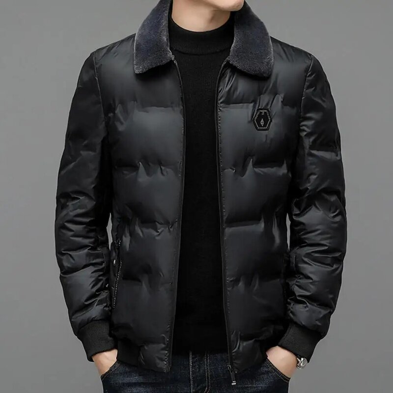 Ciepły płaszcz zimowy dla mężczyzn stylowy męski płaszcz puchowy średniej długości z klapą ze sztucznego futra odporny na zimno na jesień/zimę dla mężczyzn
