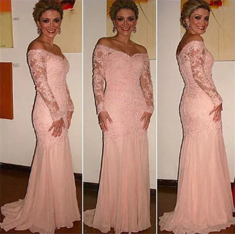 Elegant Off-the-shoulder Mermaid Formal Dresses With Beaded Lace Appliques Long Sleeves Blush Mother of the Bridal Dress
