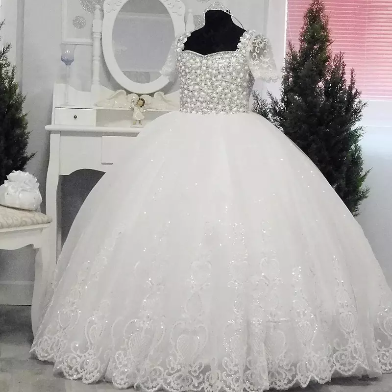 Exquisite Lace Flower Girl Dress Tulle Pearls First Communion Ball Gown Princess Long Glitter Child Wedding Birthday Dresses