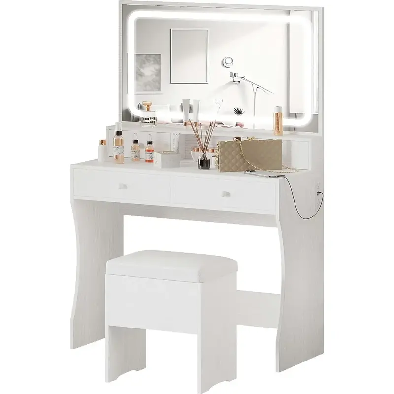 HOFurniture-Commode blanche pour chambre à coucher, table de maquillage avec 4 portes de proximité, banc de rangement, commodes, ensemble de bureau de vanité