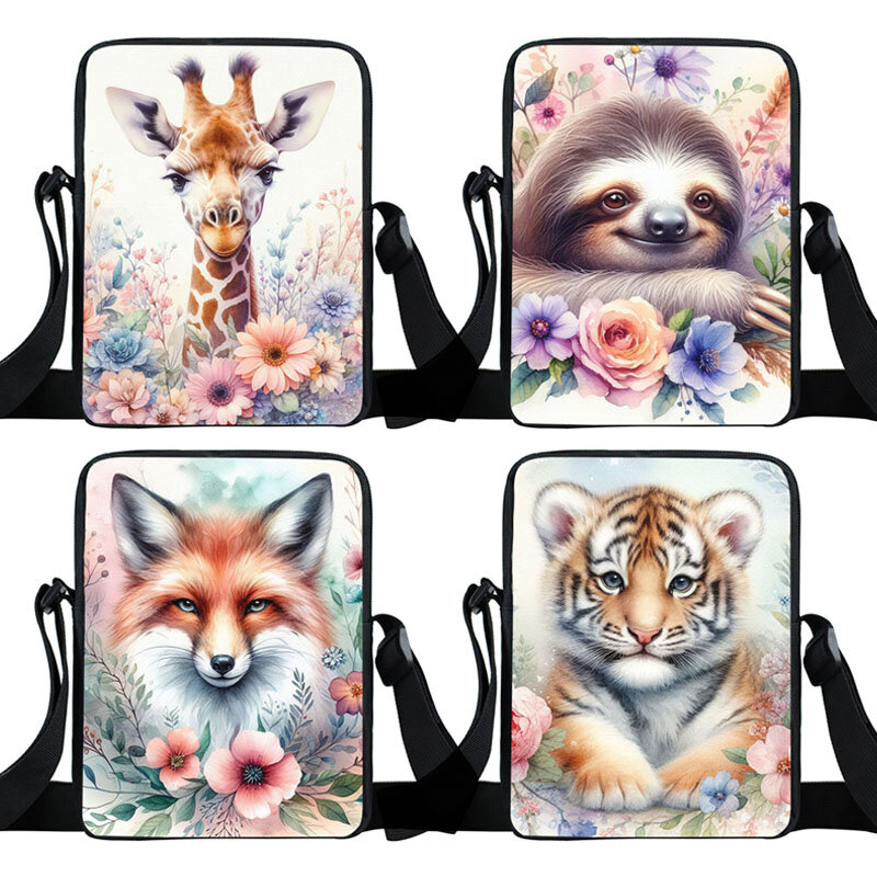 귀여운 동물 호랑이 여우 나무 줄기 패턴 크로스 바디 백, 수채화 꽃 올빼미, 여성 핸드백 휴대용 보관 가방, 전화 거치대 선물