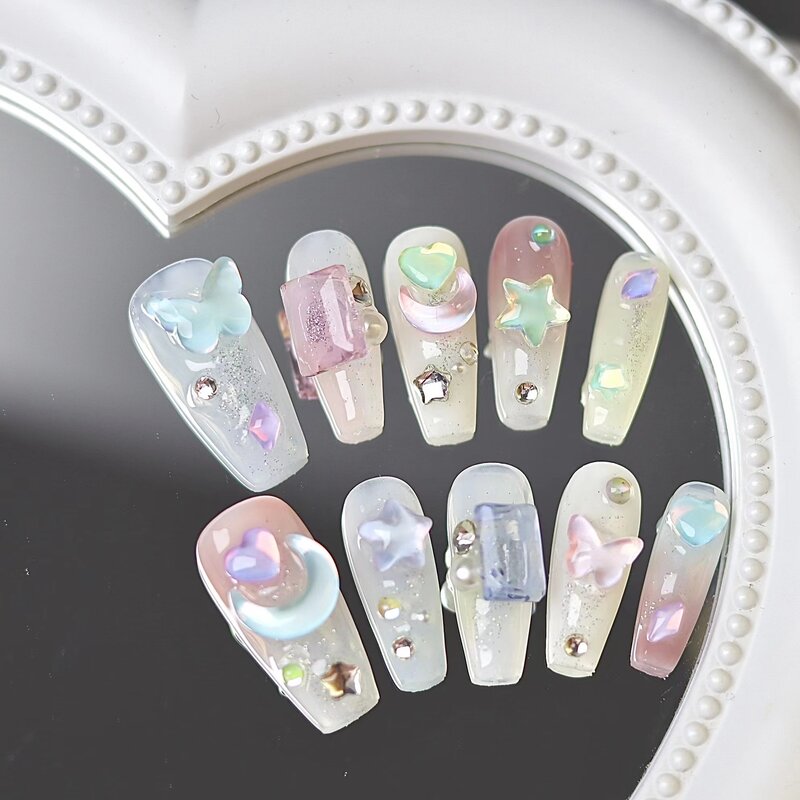 10 pezzi fatti a mano stampa sulle unghie lunghe balletto unghie finte con 3D cuore luna lucido strass Design unghie finte copertura completa punte per unghie