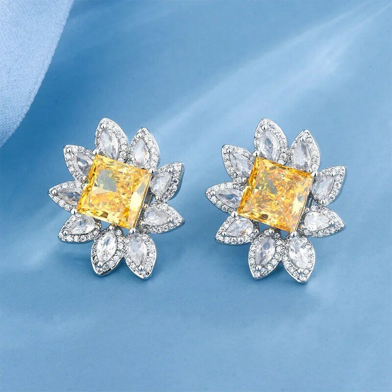 Premium 925 Silver Plated Women's Earrings Fashion High Carbon Diamond Yellow Ice Cut Luxury Princess Earrings