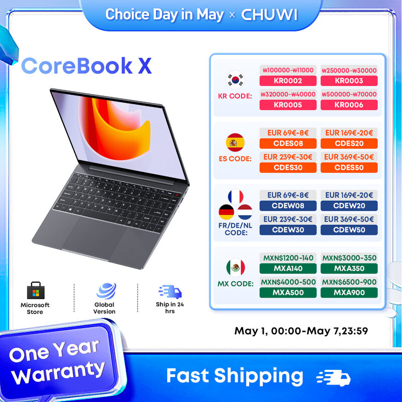 Chuwi corebook x แล็ปท็อปสำหรับเล่นเกมขนาด16GB แรม512GB, หน่วยความจำ SSD ขนาด6คอร์ i3-1215U หน้าจอ14.1นิ้ว WIFI6แล็ปท็อป Windows11