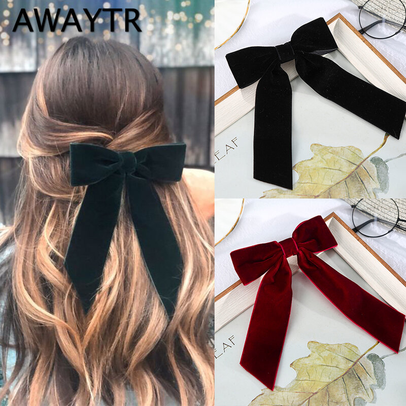 Girls Black Red Big Velvet Bow Hair Clip For Women Vintage Wedding Long Ribbon Korean Hair Pin Barrette Fashion Hair Accessories