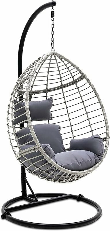 Hanging Egg Chair with Stand - Indoor Outdoor Patio Wicker Rattan Lounge Chair with Stand, Steel Frame, UV Resistant Washable
