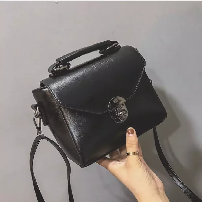 New Vintage Small Square Bag Trendy Rotary Lock Design Female Shoulder Messenger Bag Simple Retro Portable PU Leather Handbag