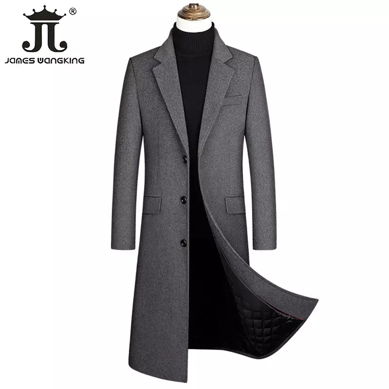 男性用の余分なロングウールのトレンチコート,男性用ジャケット,単色,厚くて暖かい,ウール,黒,灰色,クラシック,ブティック,秋冬,2022