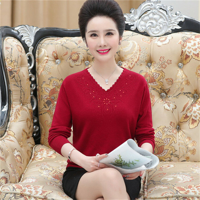 Elegant Middle-aged Mother Sweaters Pullovers Loose Long-sleeve V-neck Wool Basic Shirt Diamond Sweater  Women Knitted Tops 3XL