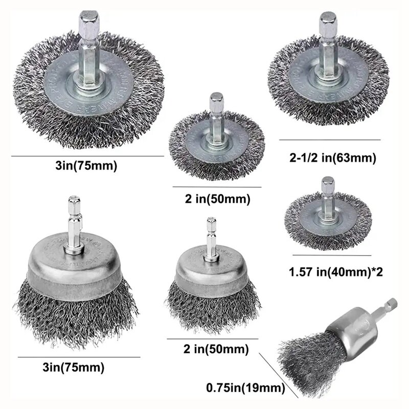 8 Pieces Wire Brush Wheel Cup Brush Accessories 1/4Inch Hex Coarse Crimped Carbon Steel Wire Wheel For Rust Removal