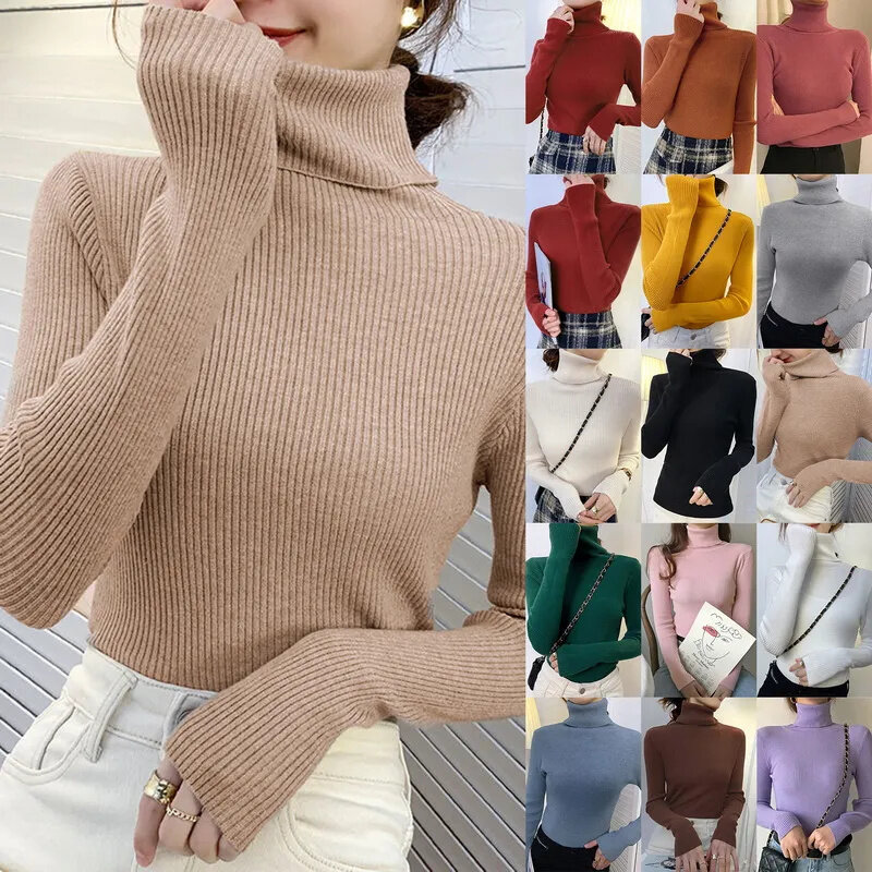 Suéteres de gola alta vintage feminino, tops sólidos básicos de malha, pulôver de manga comprida, novo, outono, inverno