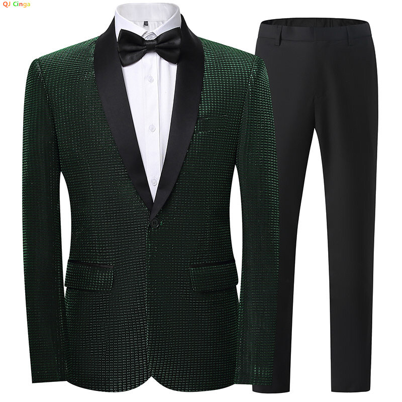 Green Men's Suit Two Piece Fashion Slim Fit Dress Jacket with Trousers Red Black Silver Gold Men Sets M-5XL 6XL
