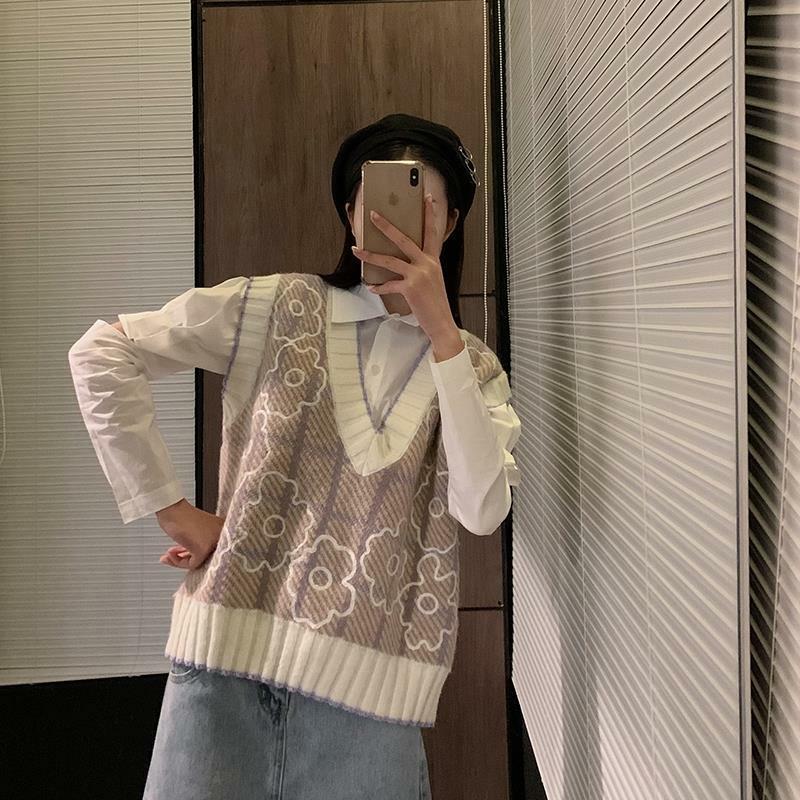 Flowers Knit Vest Women Solid Short Loose Harajuku Korean Style Sleeveless Knitted V-Neck Sweater All-match Kawaii Outwear Tops