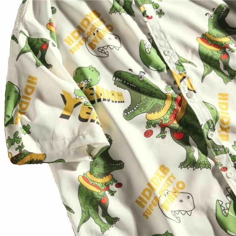 Nuova camicia da uomo di fascia alta estate di grandi dimensioni sottile a maniche corte sciolto casual grasso bello camicia di dinosauro di seta del ghiaccio giacca estiva y2k