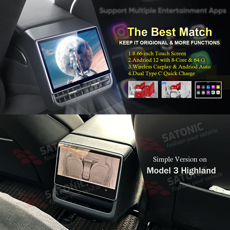 SATONIC 8.66 inch Rear Entertainment Screen Android 12 Instrument Display For Tesla Model 3 Y  64G Wireles Carplay Andriod Auto