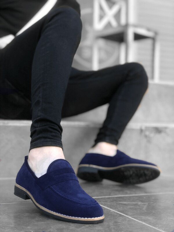 Классические мужские ботинки BA0009 из замши и кожи с бахромой темно-синего цвета