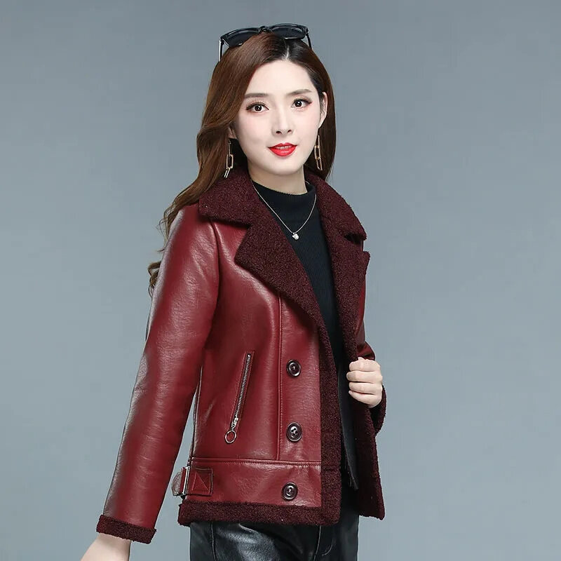 2022 New Winter PU Leather Jacket Women Short Coat Thicken Fleece Double-faced Fur Leather Warm Outerwear Lady Slim Tops Jackets