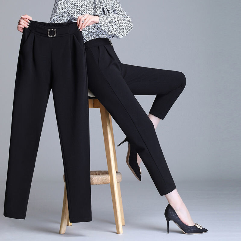 Biurowa, damska elegancka moda koreański elastyczne spodnie z wysokim stanem lato prosty biały czarny pas kieszeń przycięte spodnie Harem S-4XL
