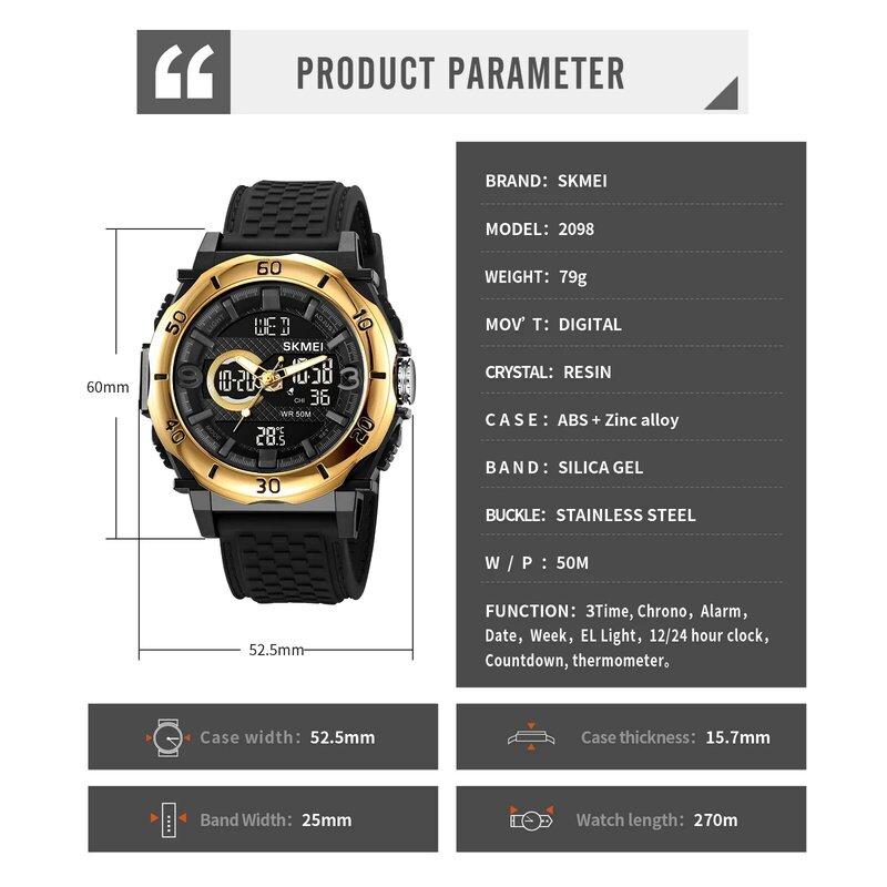 Zegar SKMEI 2098 reloj hombre moda cyfrowe zegarki sportowe męski wielofunkcyjny termometr kalendarz odliczania męski zegarek na rękę
