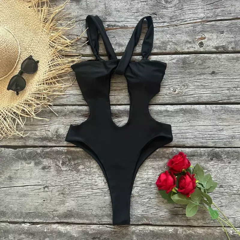 Maiô preto oco para mulheres, moda praia feminina, monokini sexy, roupas de banho, moda praia, trajes de banho, 2023