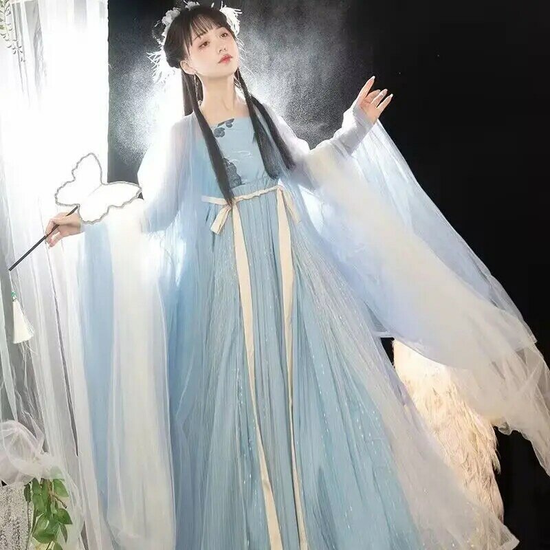 Vestido Hanfu bordado chino antiguo para mujer, traje de fiesta de FairyCosplay, vestido Hanfu azul y verde