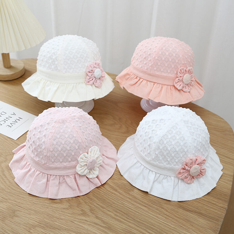 5 buah/Pak topi renda anak perempuan baru musim semi dengan bunga topi nelayan bayi mode balita aksesori kepala pelindung matahari 3-18M