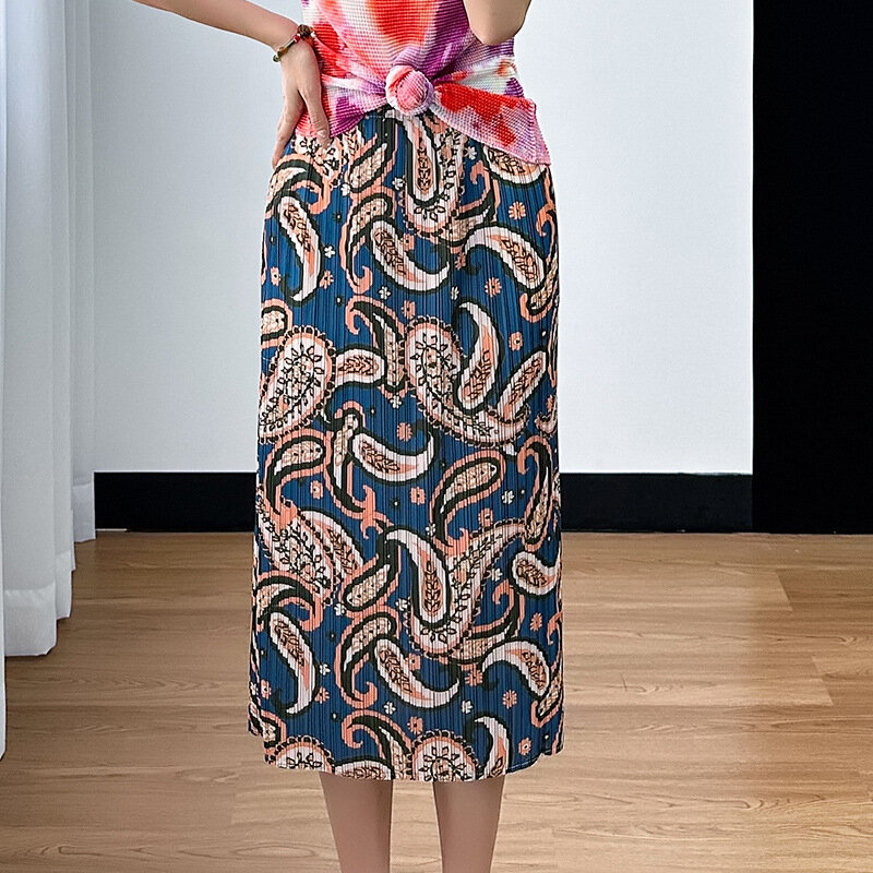 Женская плиссированная юбка миаке, модная универсальная трапециевидная юбка контрастных цветов с высокой талией и поясом на резинке, лето 2024