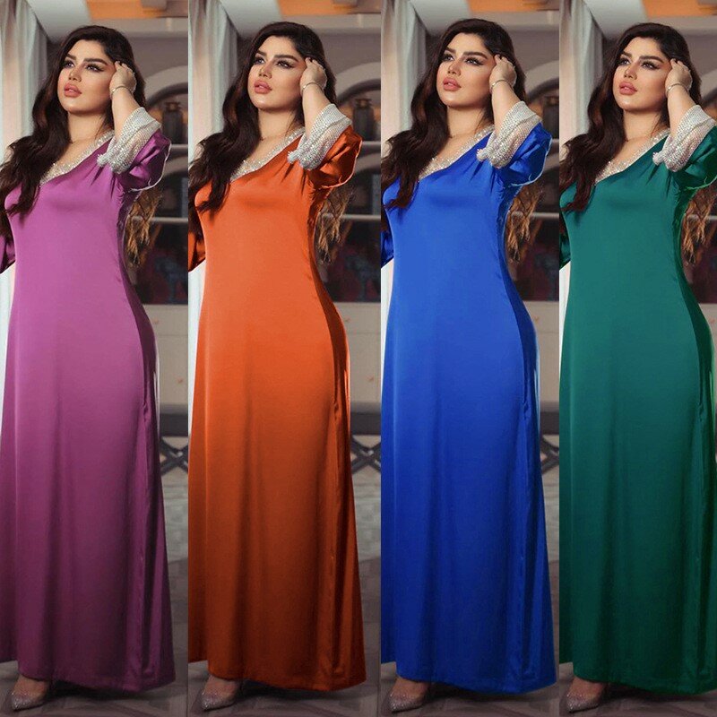 فستان طويل شبكي من الساتان بالترتر للنساء ، دبي ، تركيا ، الشرق الأوسط ، ألماس كامل