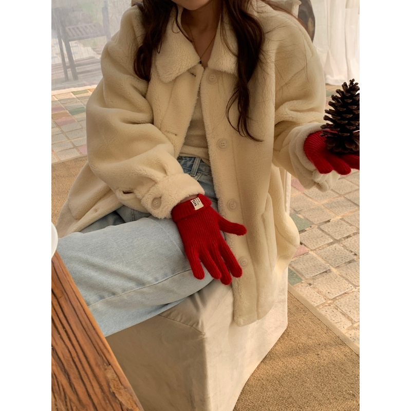 Women Casual Double Faced Fur Jacket  Autumn Winter Warm Pocket Single-breasted Loose Small Fragrant Korea Chic Fake Fur Jacket