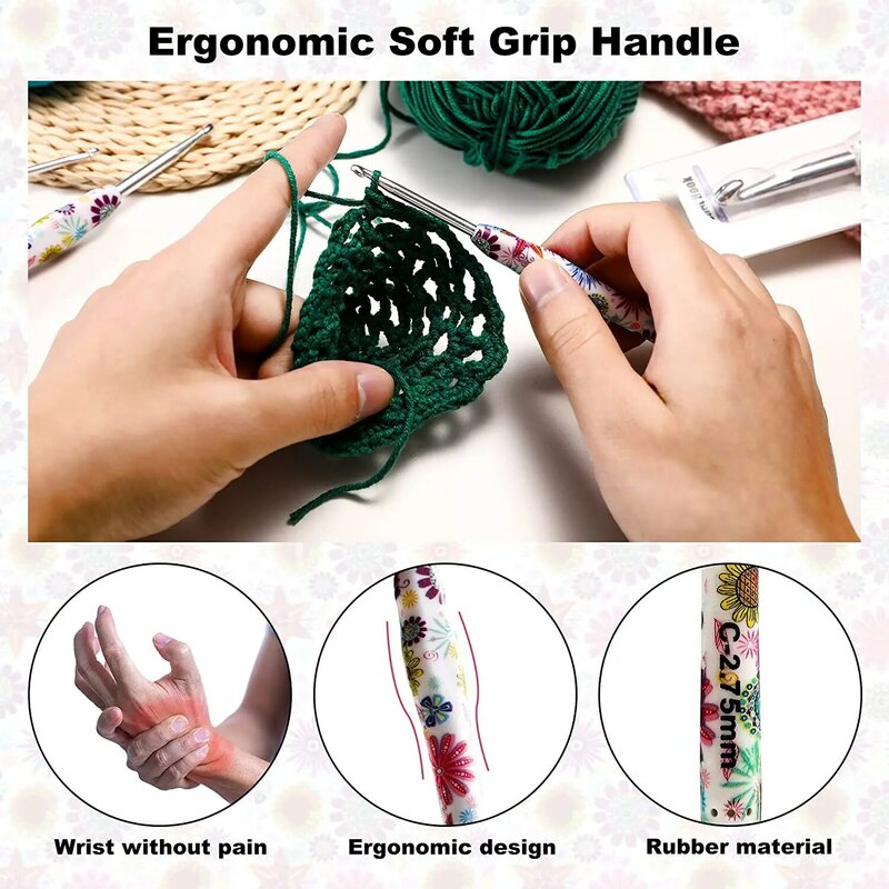 QZLKNIT-Alumínio Crochet ergonômico ganchos para iniciantes e tricô, borracha Grip, Extra longo, crochê fios, 1Pc