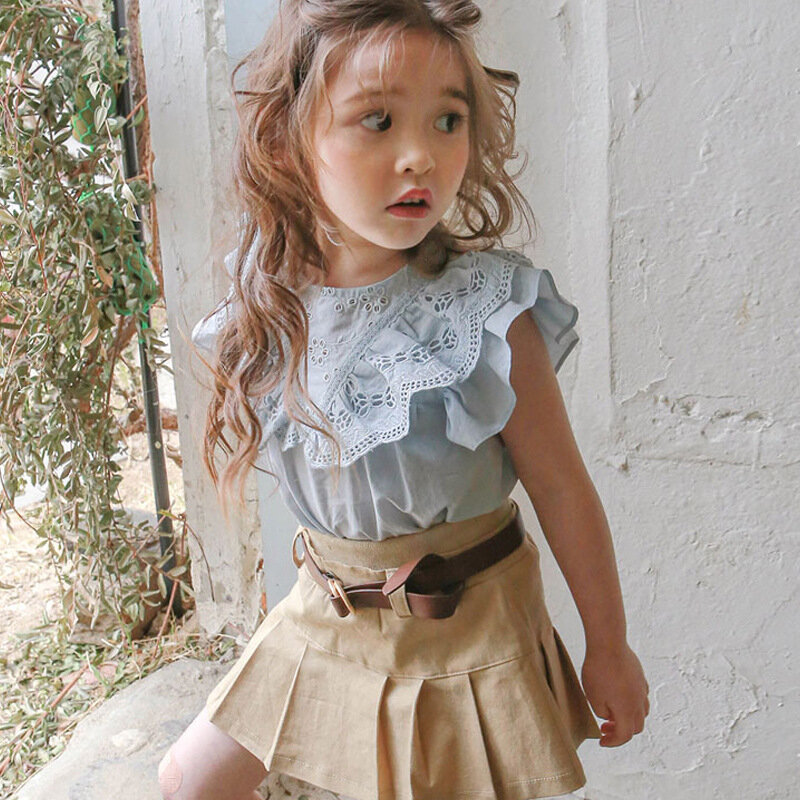 Kinderkleding Kids Eenvoudige Mode All Match T-Shirt Zomer 2024 Koreaanse Kids Meisjes Kanten V-Hals Katoenen T-Shirt