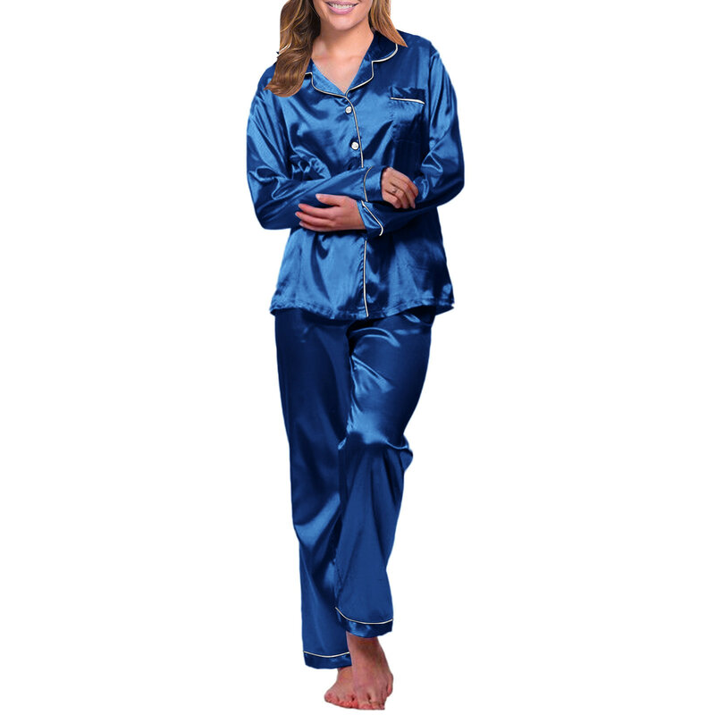 Sleepwear Silk Satin Pajamas Set For Women Homewear 2 Piece Set Long Sleeve Lapel Button Shirts+Long Pants Set Loungewear Suit
