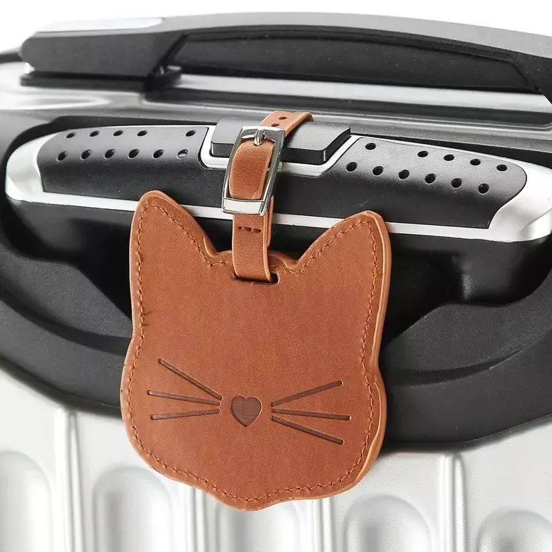 Etiqueta de equipaje de viaje de gato de dibujos animados para hombres y mujeres, etiqueta de maleta de cuero PU, soporte de dirección de identificación, etiqueta de equipaje, etiquetas de equipaje, 1Pc