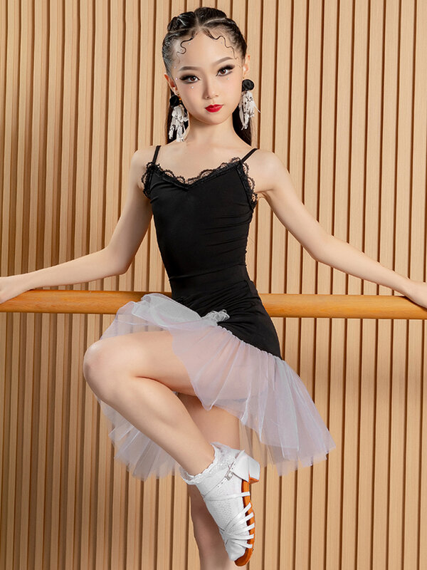 Kids Girl Latin Dance Mesh Flower Fairy Bodysuit Skirt Two Piece Sets Samba Cha Cha Rumba Costume Training Performance Clothes