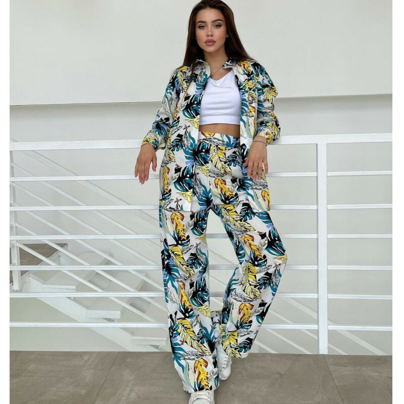 Pajamas for Women Floral Print 2 Piece Outfits Long Sleeve Button Down Shirt with Pants Set Loungewear Casual Loose Sleepwear