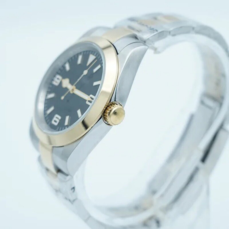 Relógio automático de dois tons masculino, alta qualidade, moldura lisa, mostrador preto, fecho de fluxo, vidro safira, relógios de pulso masculinos, 36mm