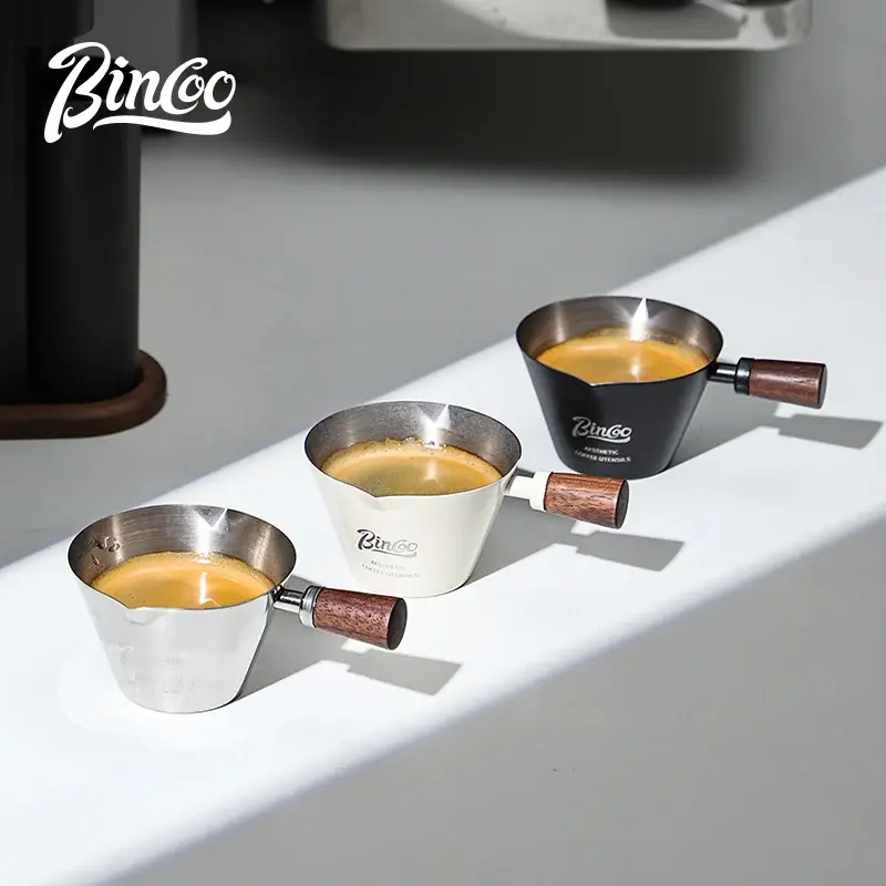 Bincoo Wooden Handle Espresso Measuring Cup Stainless Steel Small Milk Cup With Scale Coffee Liquid Extraction Cup