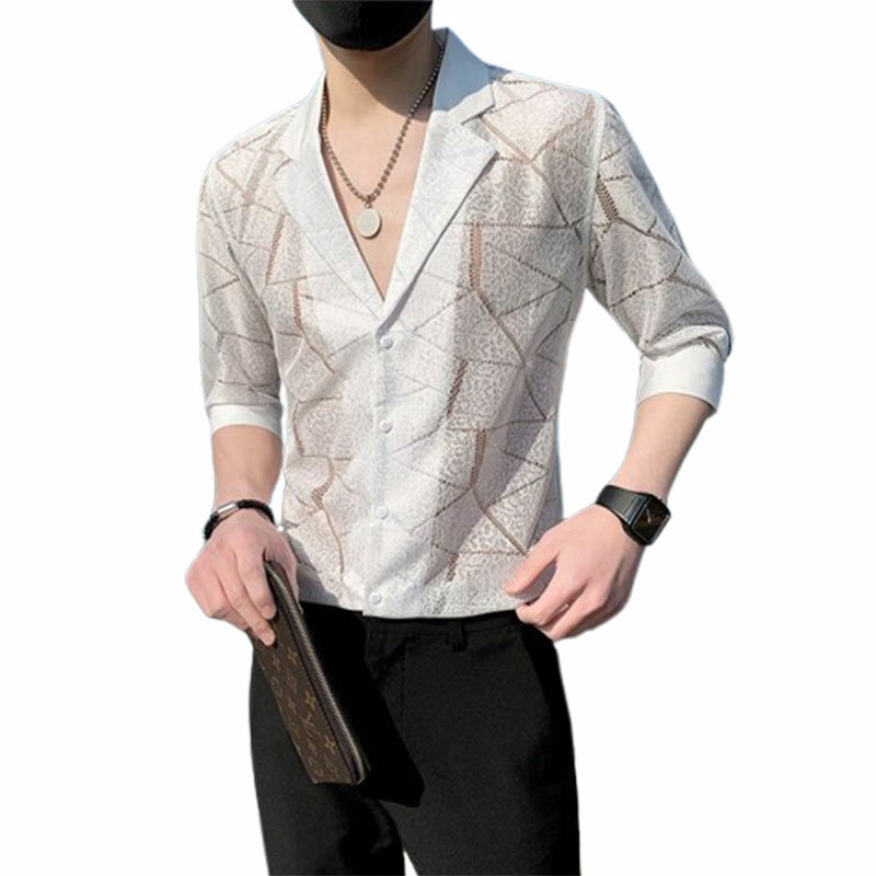 Элегантная Модная приталенная Одежда Harajuku, мужская Свободная Повседневная универсальная спортивная рубашка с квадратным вырезом и пуговицами с принтом, блуза с вырезами