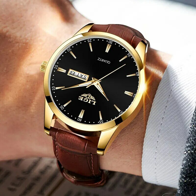 Lige mode uhren herren top marke luxus quarzuhr herren leder armband wasserdichte business casual herren armbanduhr uhr
