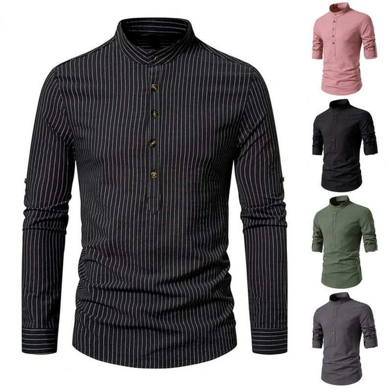 Camisa de negócios masculina com gola alta, top elegante, listrada, slim fit, manga longa, respirável, outono