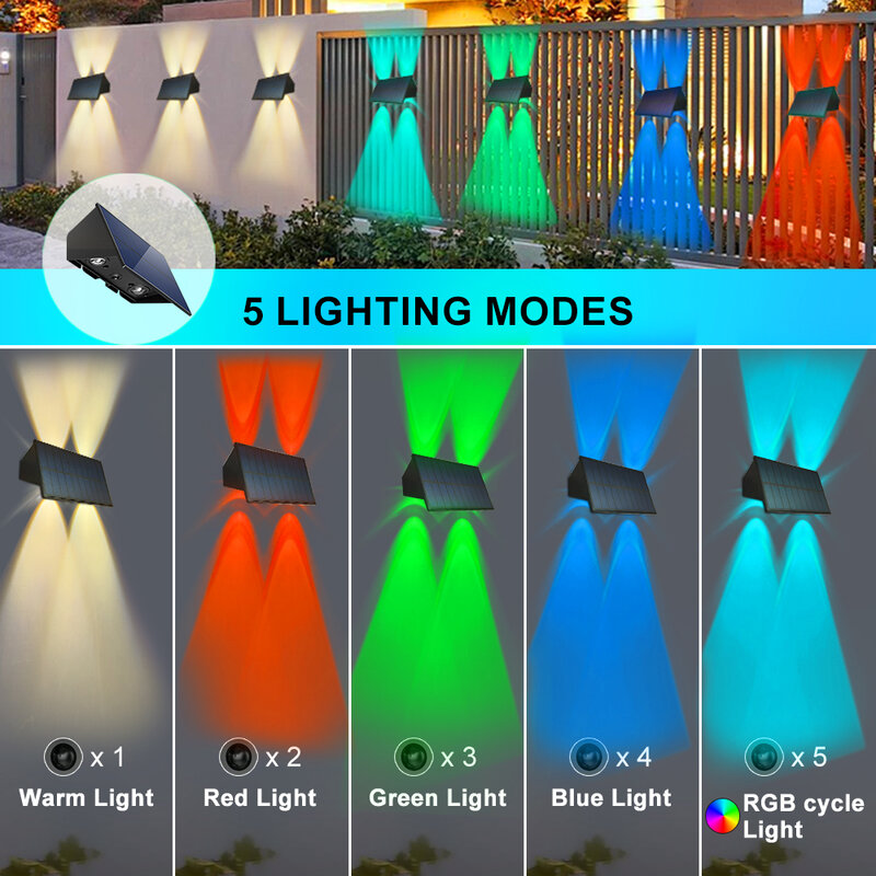 Solar Powered Fence Lights Outdoor 1/4LED Up Down Luminous Lighting RGB Garden Wall Decoration Waterproof Yard Lamps Deck Patio