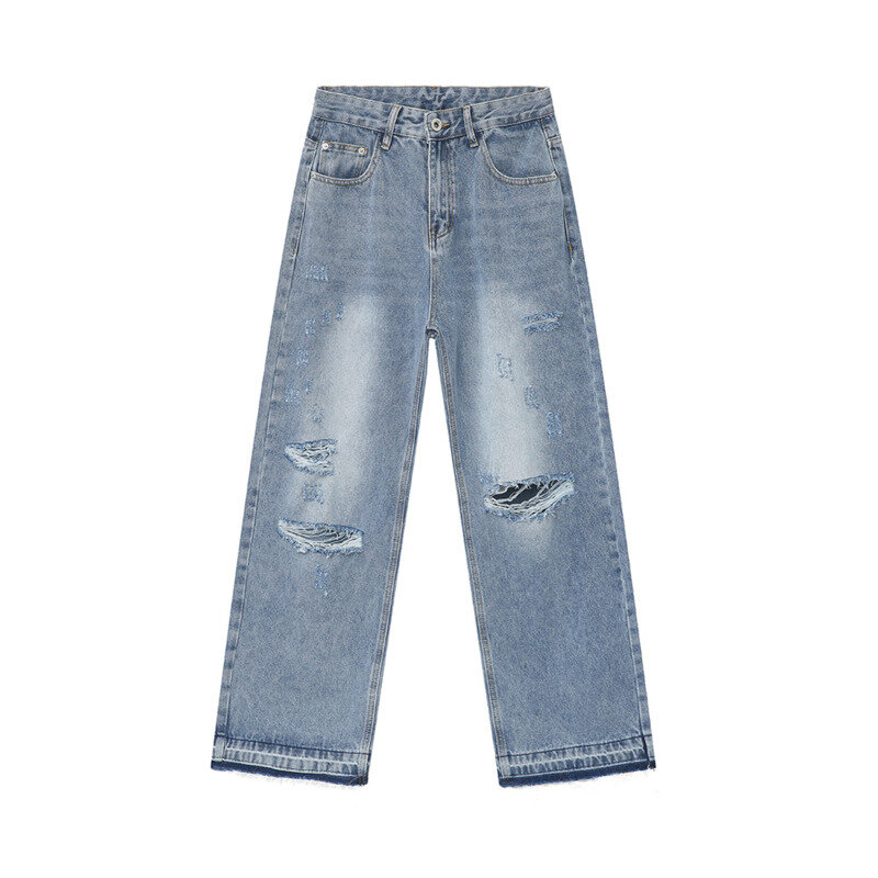 NOYMEI Hole Design Men's All-match American Style Fashionable High Street Denim Pants Trendy Male Straight Wide Leg Jean WA4488