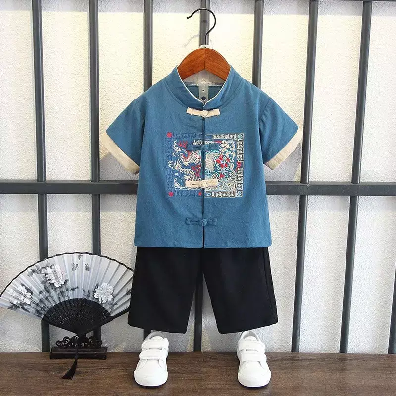 Terno de manga curta infantil, estilo chinês, de duas peças, tops de linho algodão, calças kungfu, estilo chinês, verão para meninos