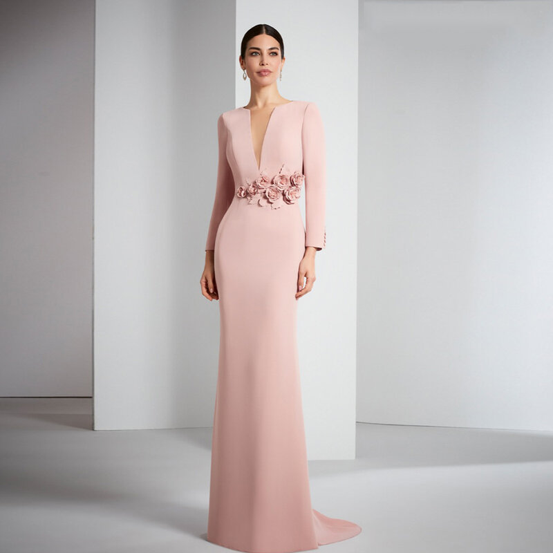 Элегантное розовое платье для матери невесты, платье с V-образным вырезом и длинным рукавом для свадебной вечеринки, платье в пол с цветами, Русалка, 2024