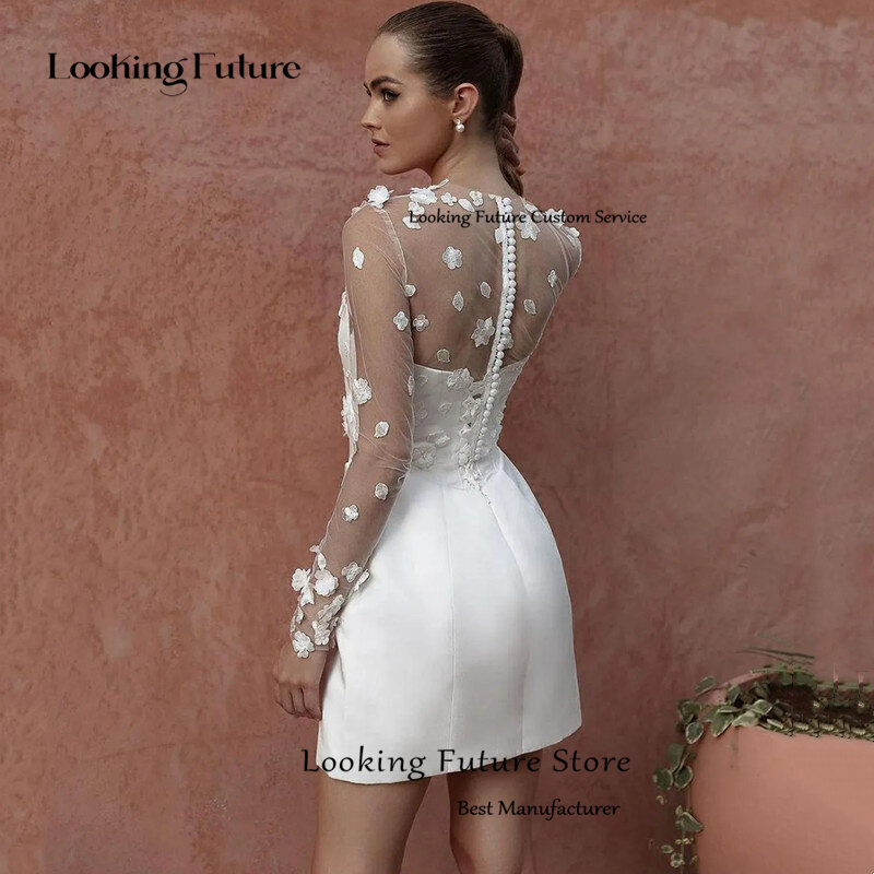 Classic A-Line Mini White Wedding Dress Satin Lace Long Sleeve 3D Flower Sexy Backless With Button Srapless Wedding Gown 2024