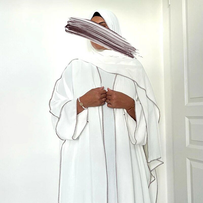 Abaya Set tiga potong dengan sabuk gratis Hijab Kimono Crepe Jazz tanpa lengan di bawah gaun Lebaran pakaian Muslim wanita Islami