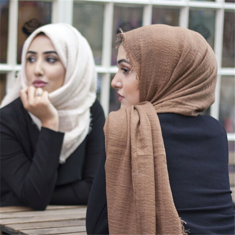 Pleated Plain Hijab Scarf Muslim Women Cotton Crinkle Headband Veil Scarves 2024 Solid Shawl Islamic Headscarf Head Wraps Turban